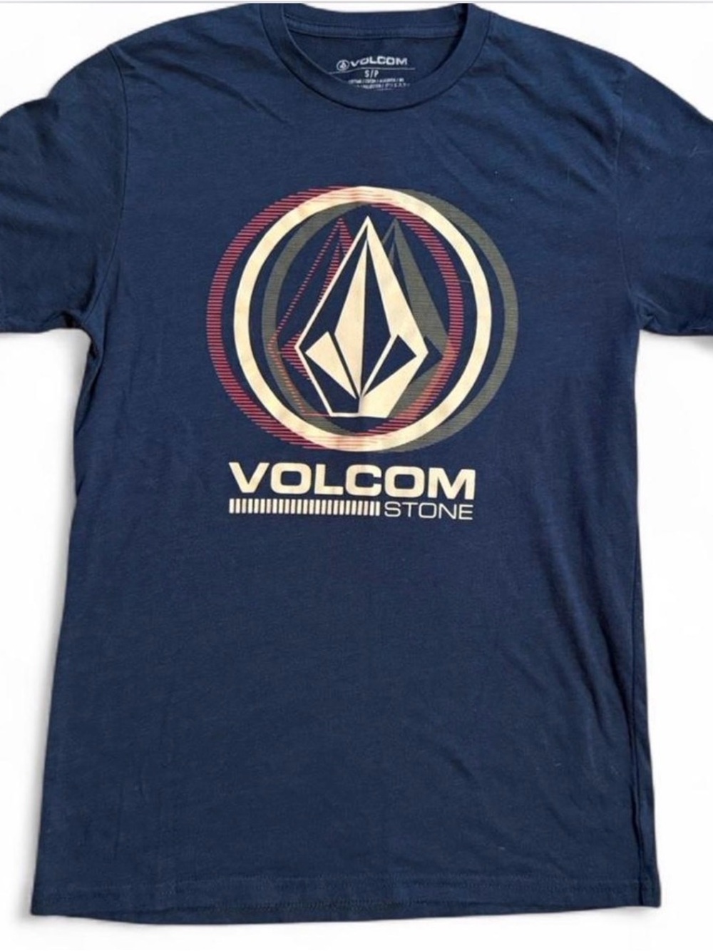 Volcom Graphic Logo T-Shirt in Navy with Cream & Red Accents Small